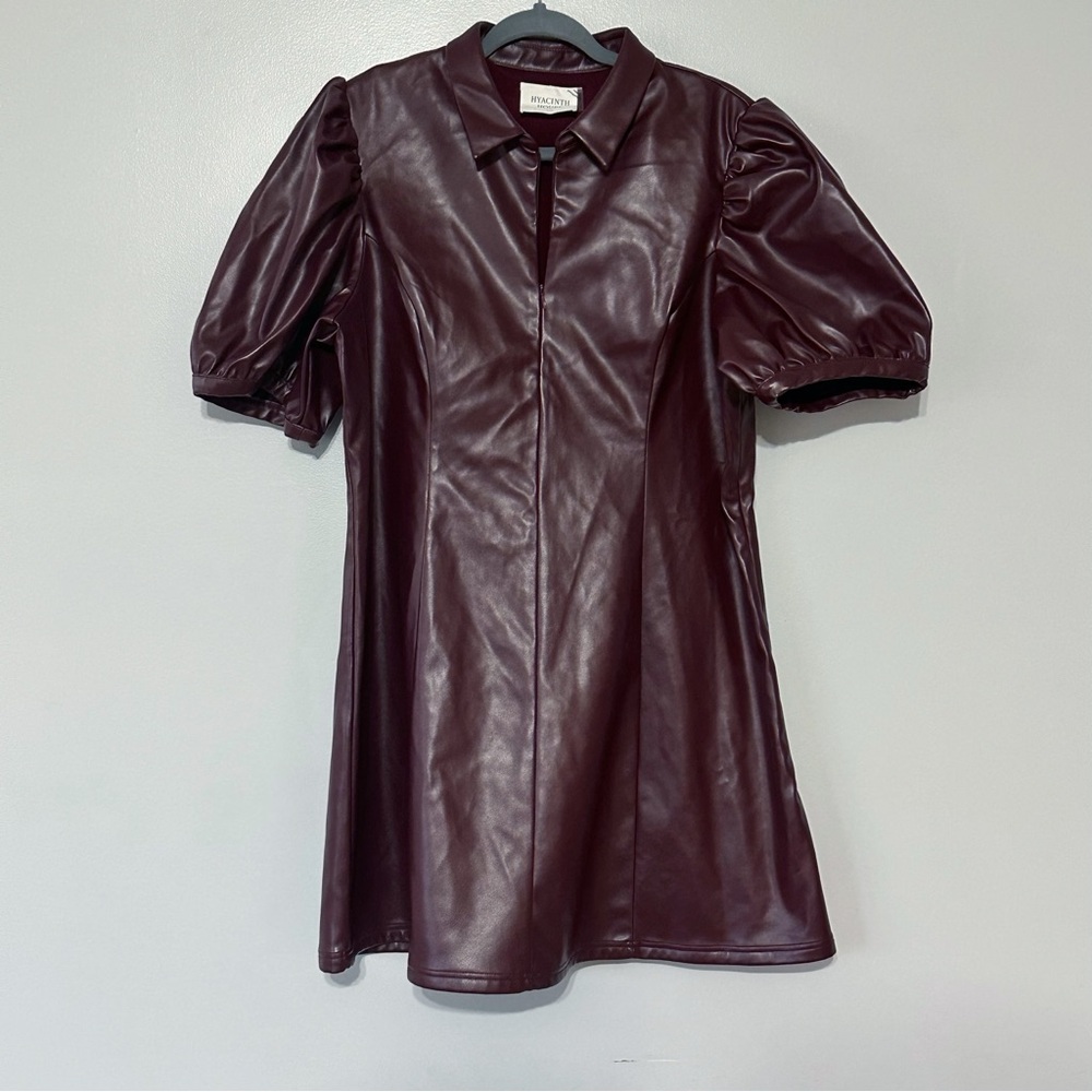 TUCKERNUCK Hyacinth House Burgundy Front Zip Faux Leather Mini Dress - Picture 4 of 9